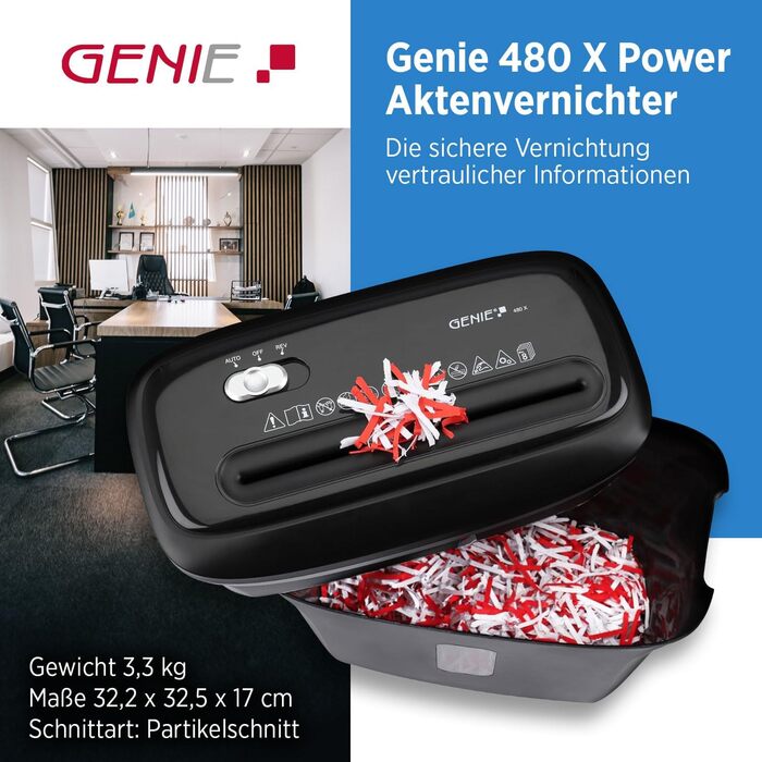 Шредер Genie 480X: знищувач документів, 8 листів, P-4, автоматичний, 12л, захист від перегріву