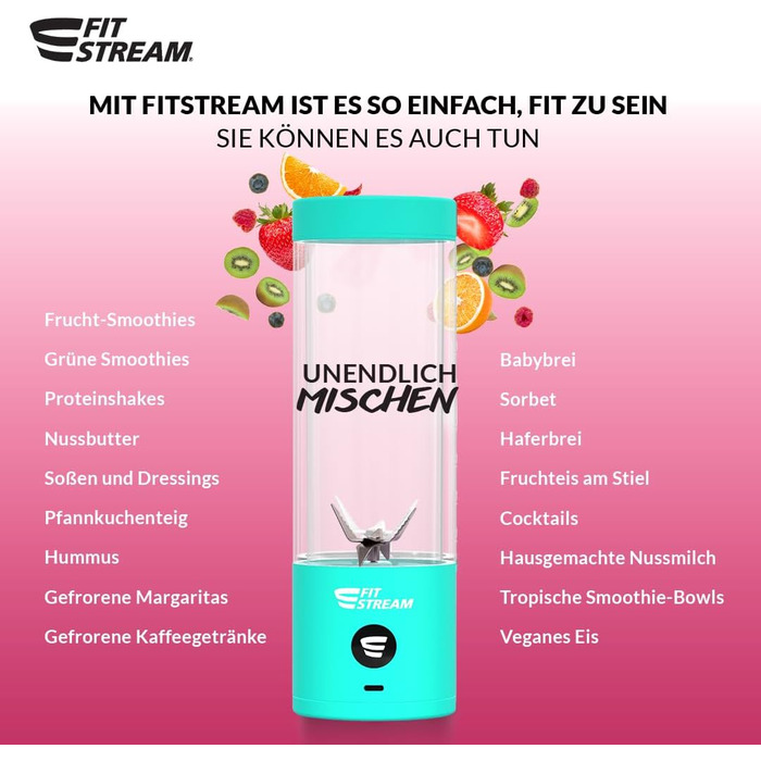 Портативний блендер Fitstream Pro, розроблений у ЄС - Легкий потужний невеликий блендер для коктейлів Ємність 475 мл Функція самоочищення Водонепроникний акумуляторний блендер USB-C Бездротовий (ментоловий)