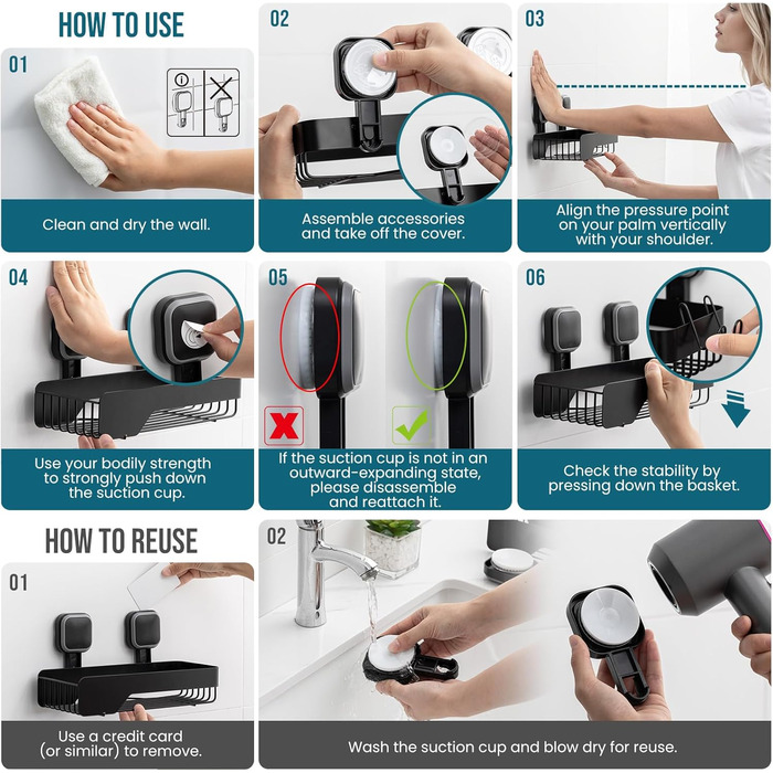 Корзина для душу TAILI з нержавіючої сталі, без свердління, чорна, 2 шт.