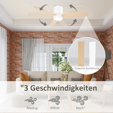 Вентилятор стельовий HOMCOM з LED-підсвіткою, 2-в-1, з таймером, пультом дистанційного керування, стельовий світильник з вентилятором, білий + натуральне дерево