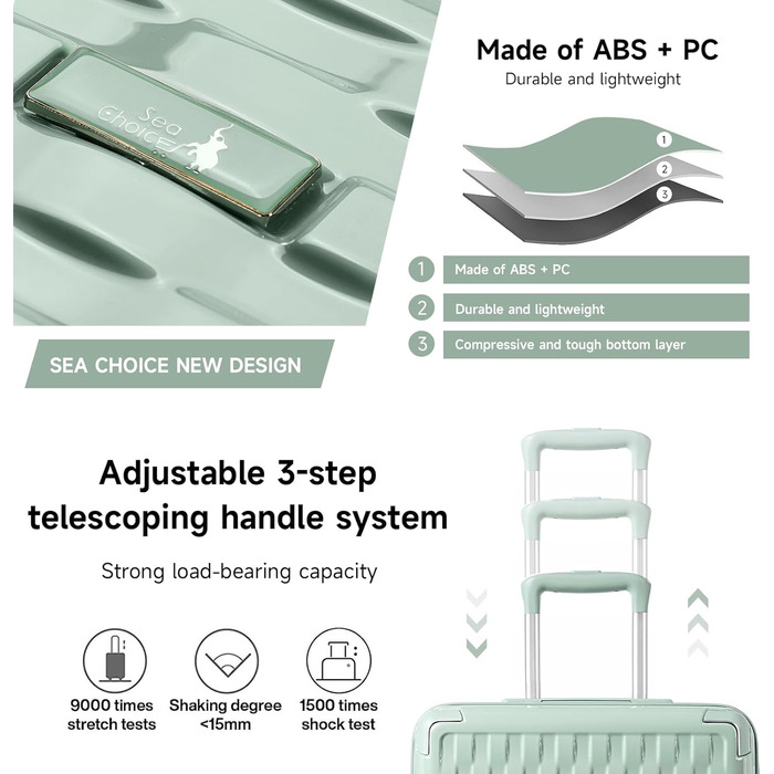 Набір валіз Sea Choice Matcha Grün: M-L-XL (55/65/75 см) з косметичкою, TSA-замок, жорсткий корпус