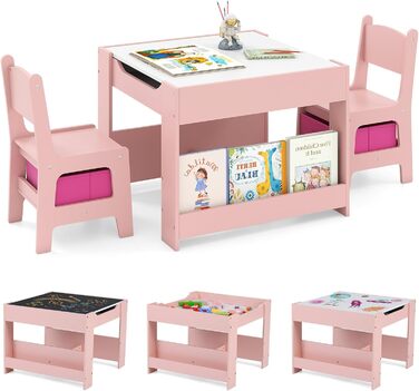 Дитячий столик Dreamade 4 в 1 з 2 стільцями: дерев'яний набір з дошкою та полицями, столик-стілець для дітей з 2 тканинними коробками, рожевий