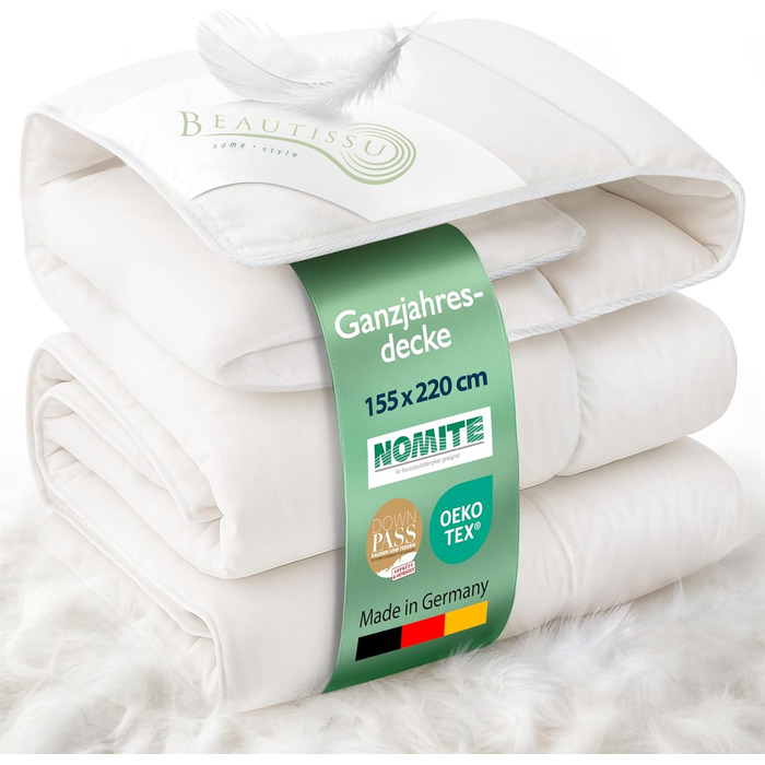 Пухова ковдра Beautissu для будь-якої пори року з 100% пуху та пера – Made in Germany – сертифікація Oeko-Tex, Downpass & Nomite – 100% бавовняний чохол. Можливість прання. Розмір 135x200 см (155x220 см)
