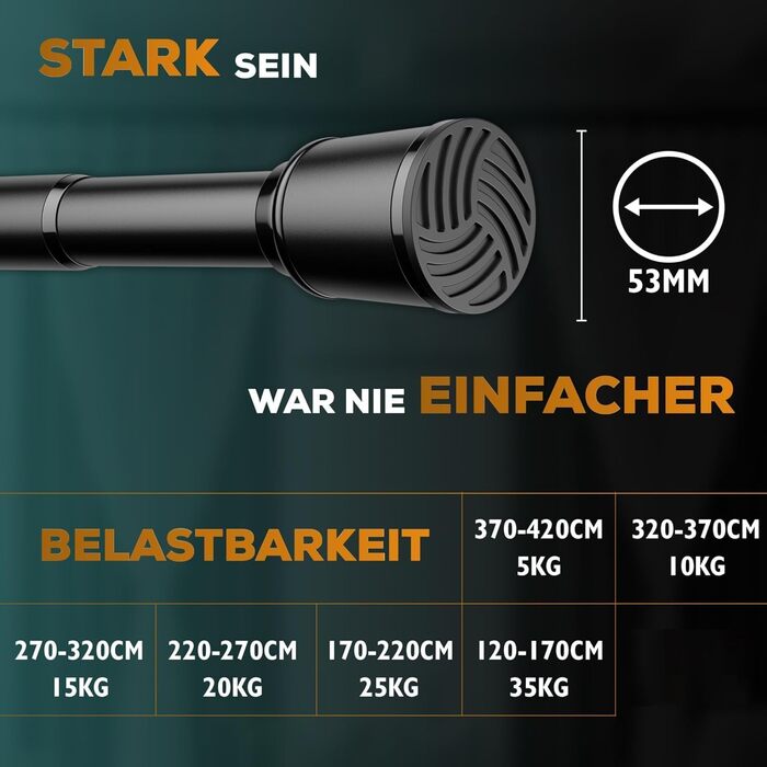 Штанга для штор без свердління 370-420 см, чорна, Ø 32 мм - натяжна штанга для штор, душової кабіни, дверей та шафи