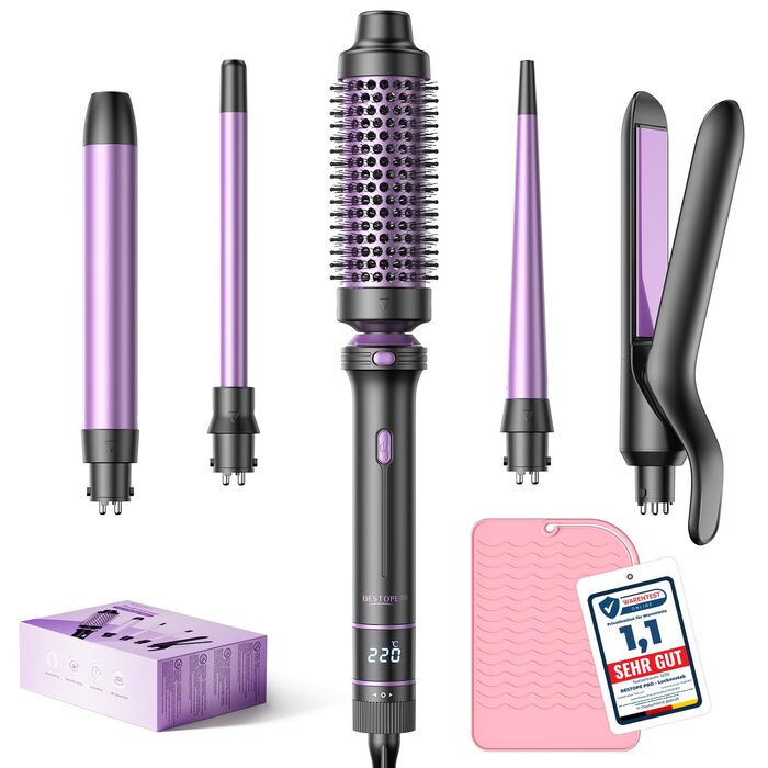 BESTOPE PRO Локкенстаб: Набір для створення локонів 5 в 1 з плойкою, термощіткою, 3 локонами (9mm-25mm) для великих локонів, 13 температур, керлером з термозахистом. Матова поверхня, рукавичка, затискач. Колір: Північне сяйво (Lila)