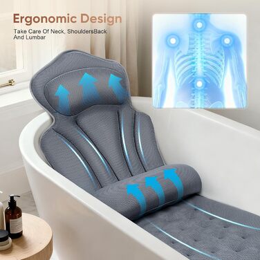 Подушка для ванни з підтримкою попереку, 144 присоски, 4D м'яка, з підголовником та додатковою подушкою, 133x41 см, сіра. З миючим мішком.