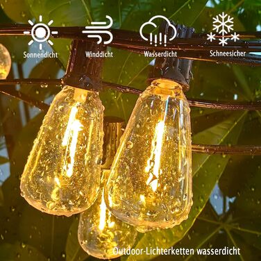 LED гірлянда для зовнішнього використання, вологостійка IP65 з 15+1 лампочками E27 2700K тепле біле світло для саду, тераси, вечірок. Довжина 30 метрів. [Енергоклас G]