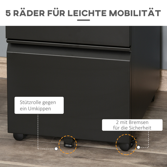 Роликовий контейнер Vinsetto з 3 висувними ящиками, 5 колесами, підвісним відсіком для документів, замком, сталевий, чорний, 39 x 48 x 60 см