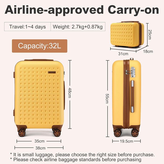 Валіза на колесах KONO з ABS-пластику, 75 x 48 x 29 см, з TSA-замком, білий колір, з косметичкою, ручна поклажа