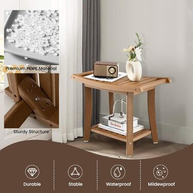 Двомісний стілець для душу HOMASIS з полицею, витримує до 170 кг, з HDPE, з 2 ручками та антиковзними накладками, для літніх людей та дорослих (колір: коричневий)