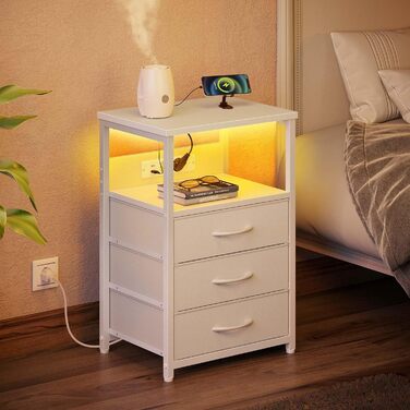 Приліжкові столики Rolanstar з LED-підсвічуванням та USB, набір з 3-х столів з висувними ящиками, для вітальні та спальні, білий, 40 x 30 x 60 см