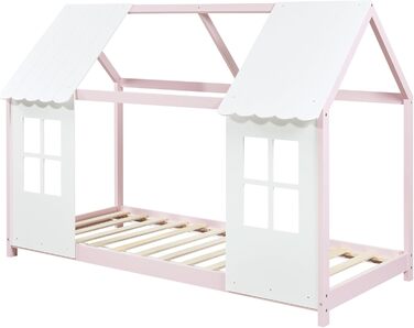 Дитяче ліжко Tostedt: хатинка, ліжко-ігровий будиночок, ліжко для підлітків, модель Bettenhaus, напіввідкрите дизайну, ліжко Монтессорі з масиву сосни, 120x200 см, рожево-біле