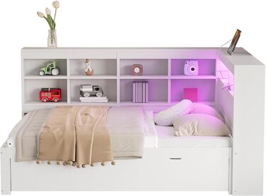 Диван-ліжко Kehun Doppelbet 140x200 см з LED та USB, ящик для зберігання та полиця, білий, без матраца