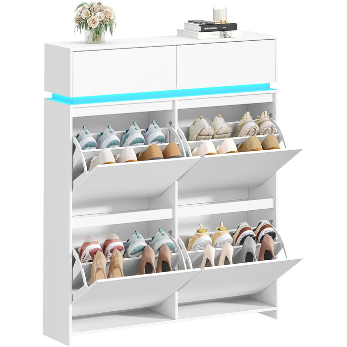 Взуттєва шафа Hzuaneri з 4 стулками, вузька, з LED-підсвічуванням, регульована перегородка, на 20 пар, 100 x 119 x 24 см, для передпокою, біла SR53603XEU