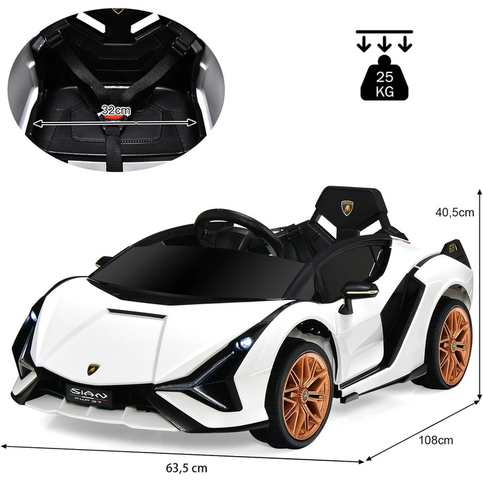 Дитячий електромобіль Lamborghini Goplus з пультом керування, Bluetooth, USB, музикою та сигналом, 3-5 км/год, для дітей 3-8 років, білий