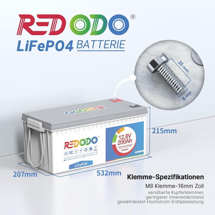 Акумулятор Redodo 12V 200Ah Plus LiFePO4, 200A BMS, вихід 2560 Вт, 4000 циклів для автофургону, сонячної системи, човна