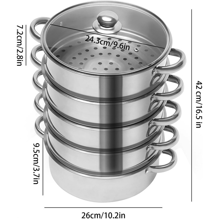 Набір пароварок з нержавіючої сталі, 5 ярусів, зі скляною кришкою, діаметр 26 см