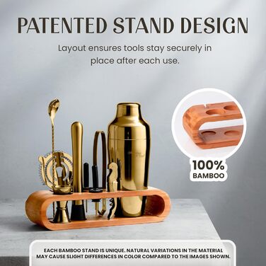 Набір для коктейлів та міксології Edles (10 предметів) - шейкер з нержавіючої сталі, баргарні аксесуари в дерев'яній підставці з бамбука - подарунковий набір, золотий/натуральний бамбук