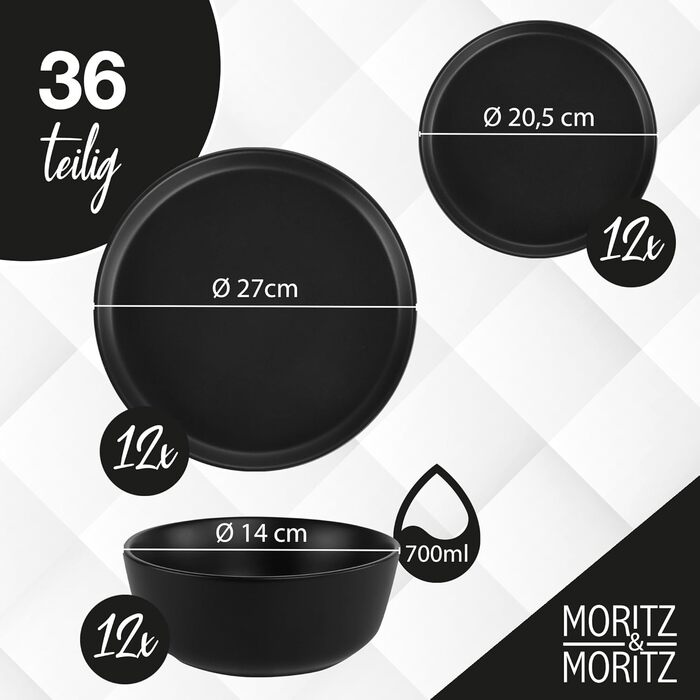 Набір посуду Moritz & Moritz NORDIC 18 предметів на 6 персон - Елегантний керамограніт в чорному кольорі