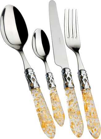 Набір столових приборів Bugatti Aladdin 24 шт. з нержавіючої сталі 18/10, хромуванням та ручками з ефектом перламутру. Комплект на 6 осіб: 6 ложок, 6 виделок, 6 ножів та 6 чайних ложок (з трубочками для напоїв).