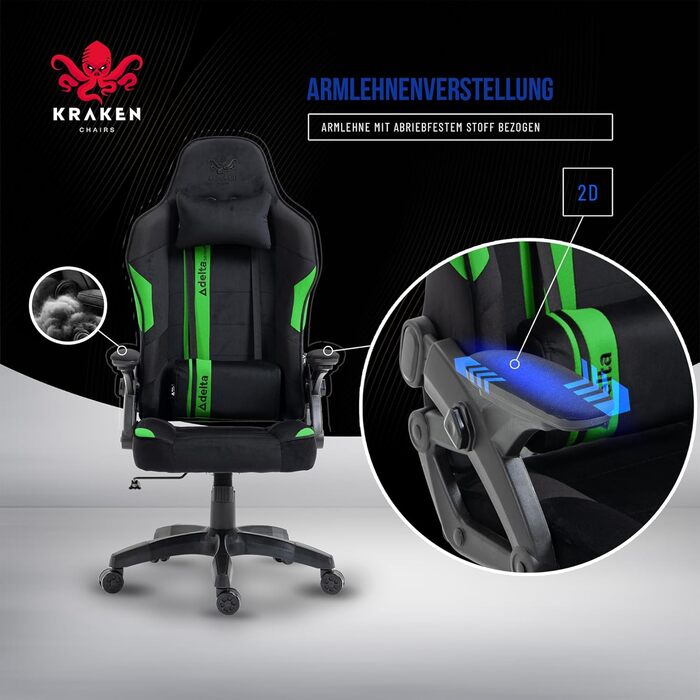 Крісло геймерське KRAKEN CHAIRS - ергономічне, тканинне, для комп'ютера, 130 кг, чорно-зелене