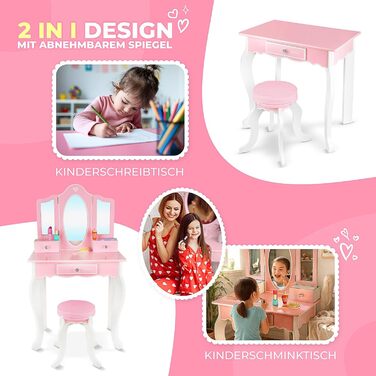 Дитячий туалетний столик Kinderplay Green з дзеркалом та стільчиком – Рожевий комплект для гри та макіяжу