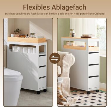 Шафка для ванної кімнати SoBuy з колесами, вузька шафка з 3 висувними ящиками, компактна тумбочка з дерева, навісна шафка для маленьких ванних кімнат, туалетів та кухонь, біла, 65x23x82 см, BZR54-W