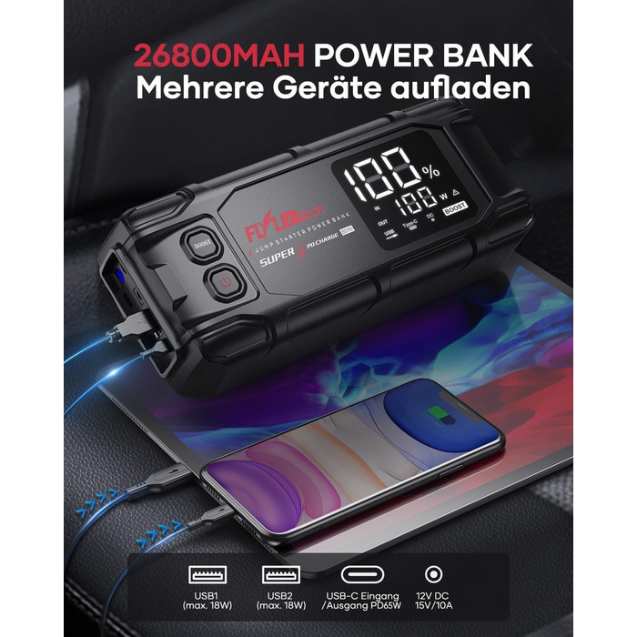 Powerbank Flylinktech 8000A для авто: стрибок старту, 26800mAh, PD65W, 8000A, для бензинових та дизельних двигунів (до 12.0L)