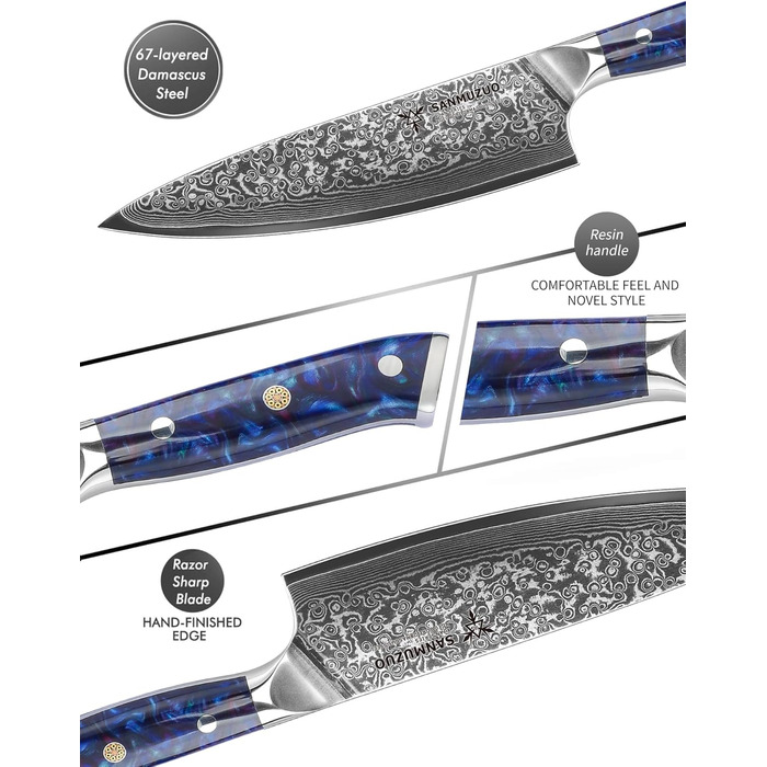 Ніж кухарський 20 см Xuan Серія VG10 Дамаська сталь - ніж для кухні з ручкою з смоли (сапфірово-блакитний)