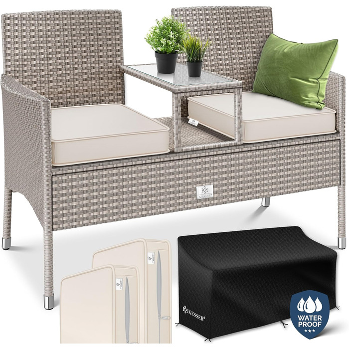 Садова банкетка KESSER® з ротангу на 2 особи з інтегрованим столиком, 143×63×88 см - стійка до погодних умов, комплект з подушками та чохлами (сірий)
