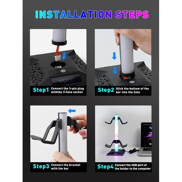 Підставка для навушників VCOM RGB з підсвічуванням, 10 режимів, 2 USB-порти, для геймерів, аксесуари для ПК