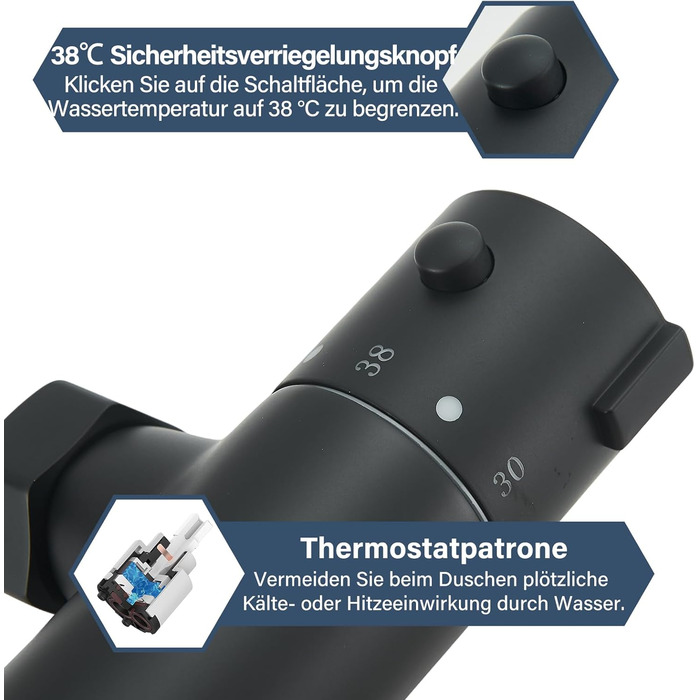 Змішувач для ванни з термостатом, чорний, настінний монтаж - універсальний для ванни та умивальника