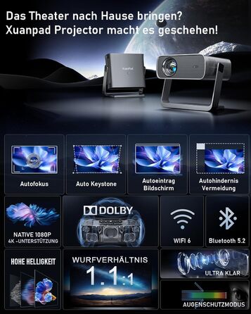 XuanPad Проектор 1080P з WiFi, Bluetooth та AI-автофокусом, 30000 люмен, поворотний на 210°, автоматична корекція Keystone, захист від пилу та система охолодження, сертифікований Netflix