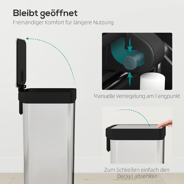 Відро для сміття 60 літрів з педальним механізмом, нержавіюча сталь, з м'яким закриванням кришки, сріблястого кольору