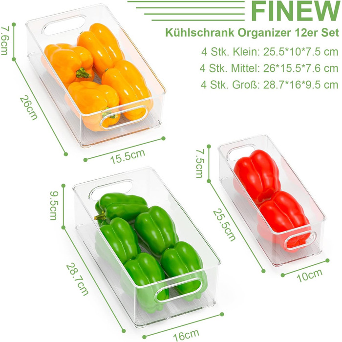Організатор для холодильника FINEW, 12 шт. (4 маленькі, 4 середні, 4 великі), прозорі контейнери для зберігання, BPA free