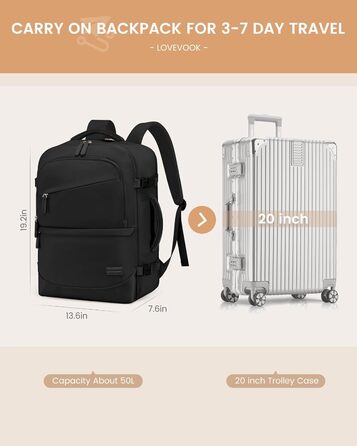 LOVEVOOK Рюкзак для ручної поклажі 40L, для подорожей, з відділенням для мокрого та сухого, для ноутбука, 45x36x20 см (Чорний)