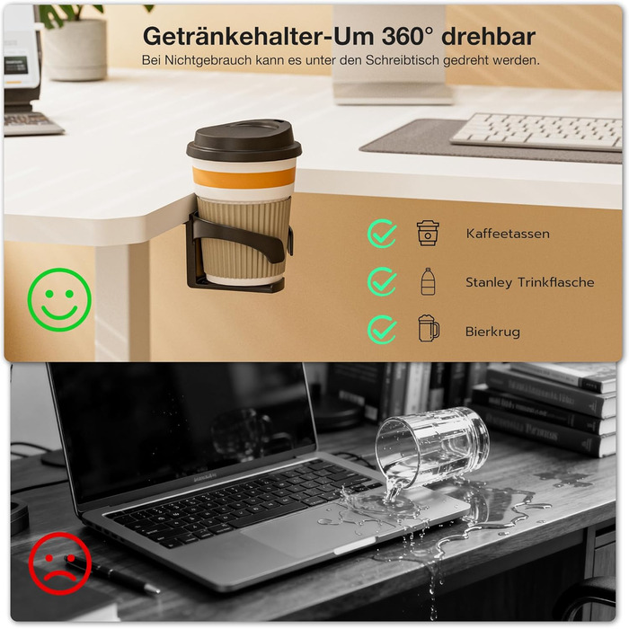 Кутовий стіл з регулюванням висоти 150x100 см, електричний, ергономічний, білий. З підстаканниками та гачками.