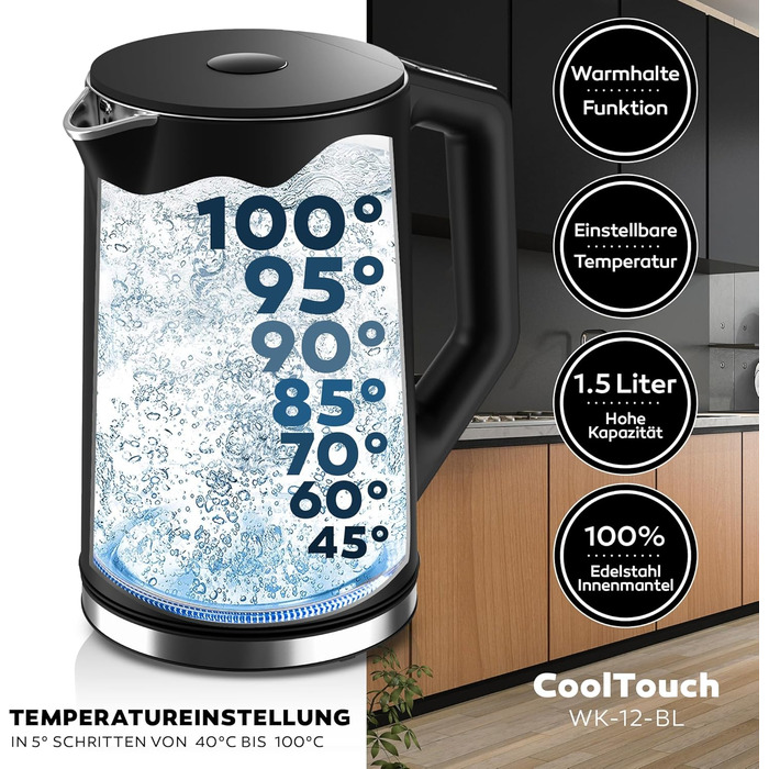 Електричний чайник BALTER з регулюванням температури, 1.5L, 2200W, білий/чорний, нержавіюча сталь, подвійні стінки, BPA free, бездротовий