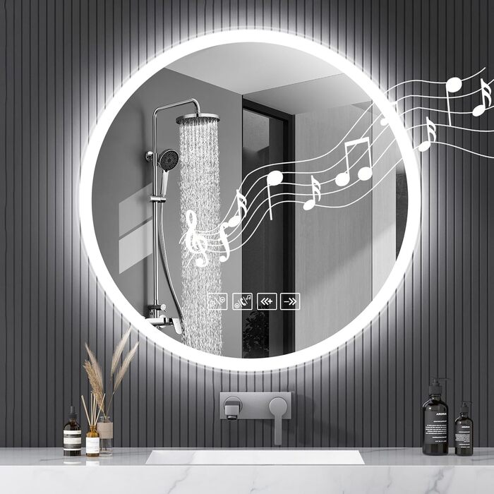 Дзеркало для ванної кімнати 600мм з підсвічуванням, регульованою яскравістю, сенсорним вимикачем, функцією проти запотівання та таймером | IP44, вологостійке, кругле дзеркало з підсвічуванням для ванної кімнати, готелю (з музикою)
