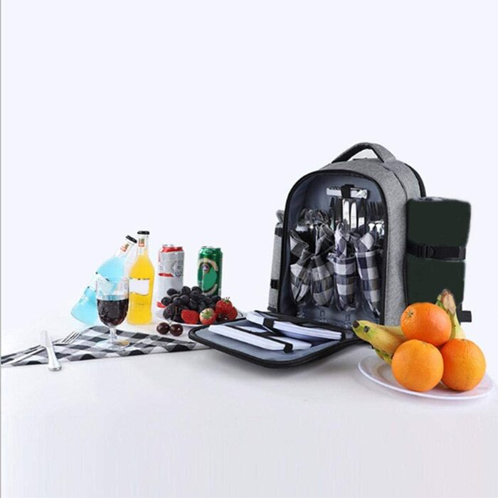 Набір для пікніка на 4 особи з ізольованим холодильним відділенням, сірий. Багатофункціональний рюкзак для пікніка, кемпінгу та відпочинку на природі.