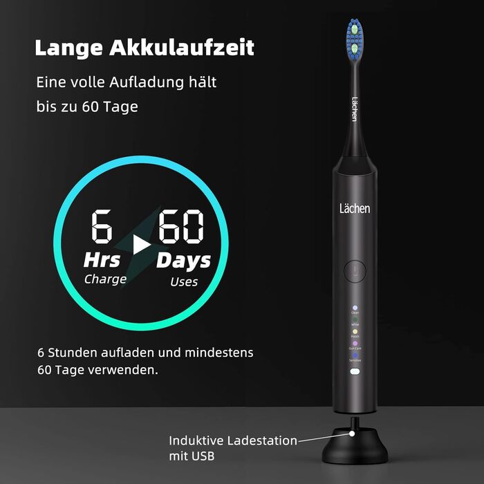 Електрична звукова зубна щітка Läschen з 5 режимами, кейс, 4 насадки, USB-зарядка, таймер, IPX7, чорна