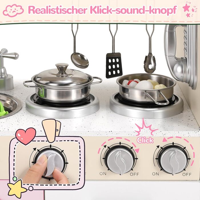 Дерев'яна дитяча кухня Mamizо з аксесуарами, 81x74x30 см, світло та звук, для дітей від 3 років, біло-рожева