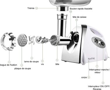 Електрична м'ясорубка Nestling 2800 Вт, ковбасна машина з нержавіючої сталі, багатофункціональна (біла)