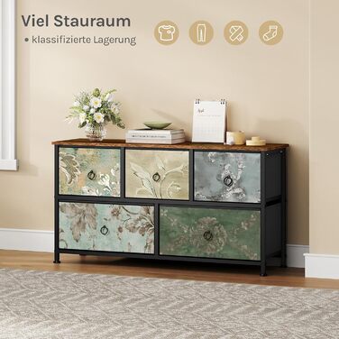 Комод WOLTU з 5 висувними ящиками з тканини, шафа-комод, тумбочка під ТБ, для вітальні, спальні, коридору, з металевим каркасом, ДСП, білий, SSK005ws. Білий (Рустикальний коричневий + чорний + вінтажний квітковий принт, 5 тканинних ящиків)