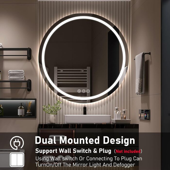 Дзеркало для ванної кімнати з підсвічуванням, 60 см, кругле, з антизапарюванням, регульоване, 3 кольори світла (70x70 см)
