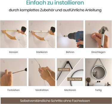 Дзеркало для ванної кімнати EMKE з підсвічуванням, діаметр 50 см, чорний каркас, регульована яскравість, 3 кольори світла, антизапар, сенсорне керування, функція пам'яті