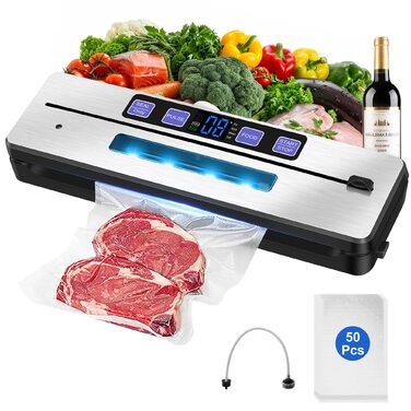 Вакууматор для продуктів 7 в 1 з подвійним швом, професійний вакуумний пакувальник з цифровим таймером, вбудованим різаком та 50 пакетами, сріблясто-чорний