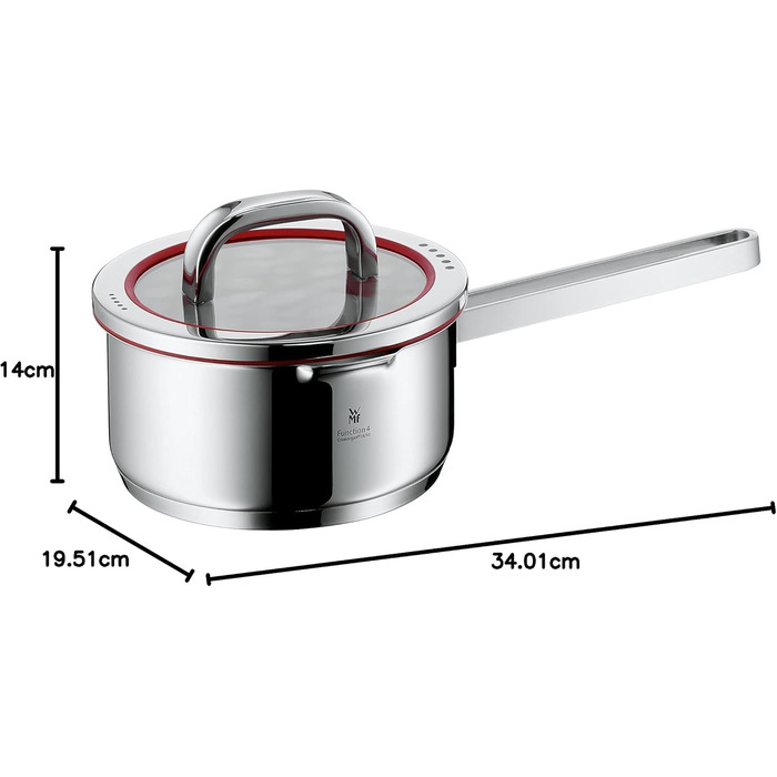 Каструля WMF Function 4, 16 см, з кришкою, 1,4 л, з нержавіючої сталі Cromargan, індукційна, з 4 функціями зливу, з внутрішньою шкалою, червона