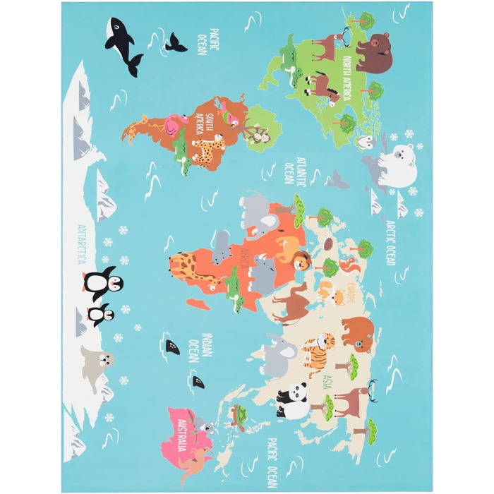 Дитячий килимок, ігровий килимок для дитячої кімнати, Карта світу із зображенням тварин зеленого кольору, розмір (100x200 см)