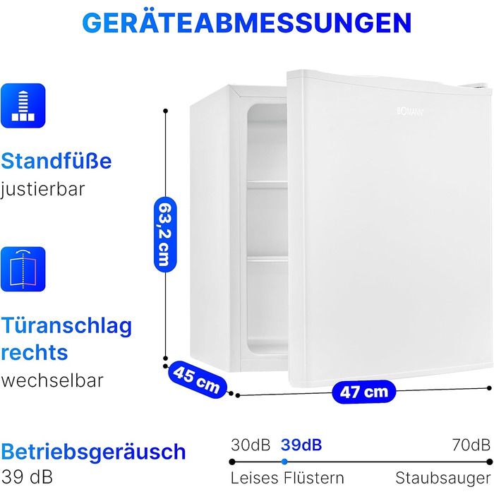 Холодильник Bomann Mini 58л, 2 скляні полиці, плавне регулювання температури, змінний дверний упор, білий